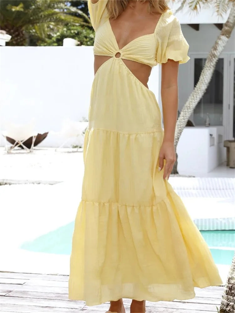 Women Short Puff Sleeve Summer  Solid Criss-Cross Tie-Up Backless Holiday Beach Female Vestidos