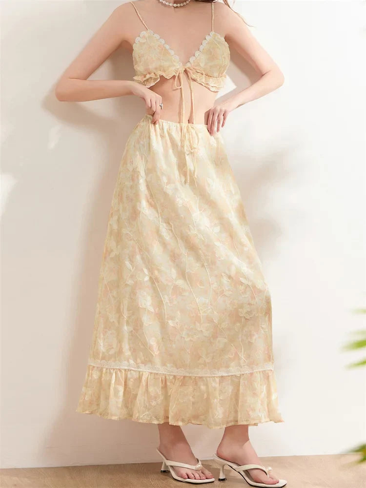 Backless Tie-up Camisoles Crop Top with Long Skirts Set skirt-250126