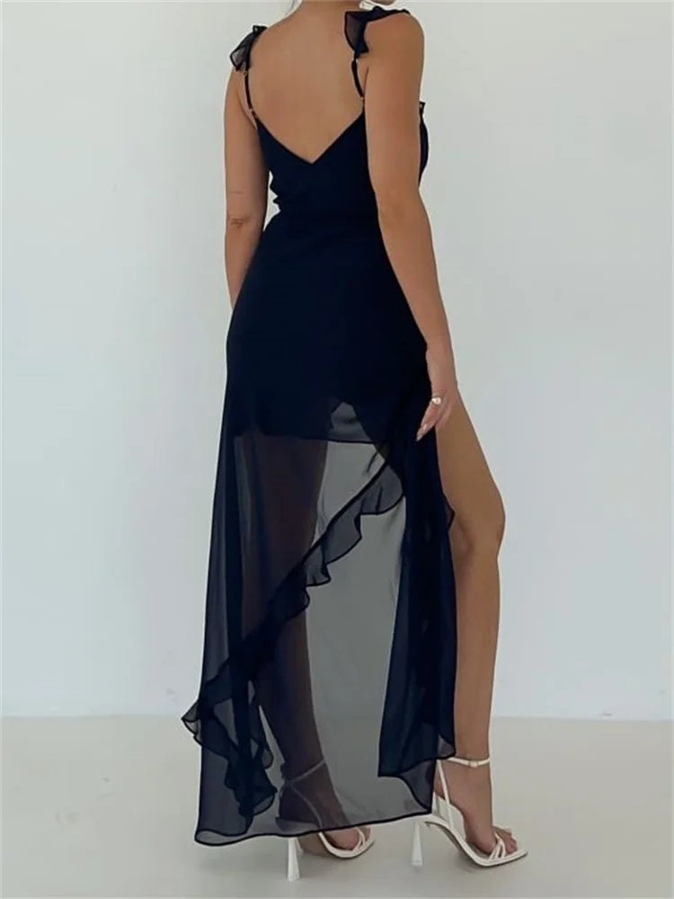 Women Sleeveless Ruffles Solid Color V Neck Casual High Split Party For Cocktail Summer Streetwear