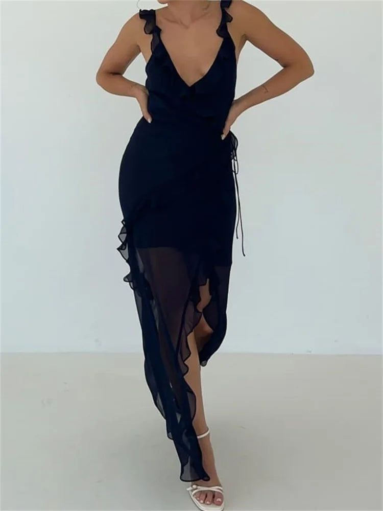 Women Sleeveless Ruffles Solid Color V Neck Casual High Split Party For Cocktail Summer Streetwear