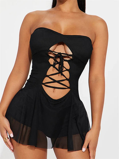 Strapless Off Shoulder Tube Jumpsuit Summer Cutout Tie Mini Dress