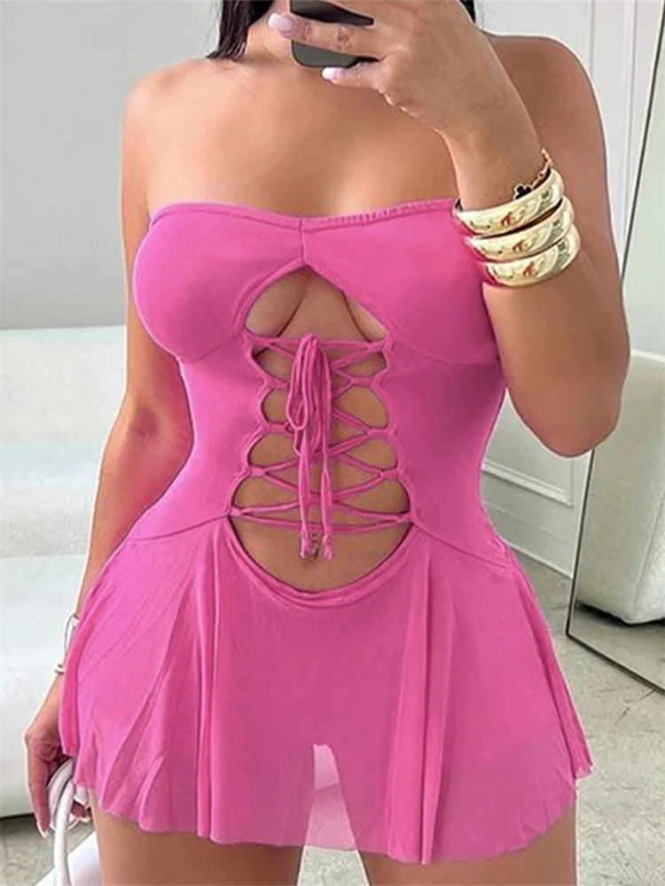 Strapless Off Shoulder Tube Jumpsuit Summer Cutout Tie Mini Dress