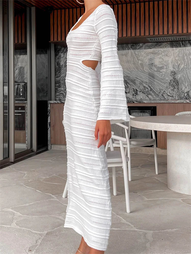 Women Summer Beach   Flare Sleeve O-neck Hollow Out Solid Color Knitted Female Backless Vestidos