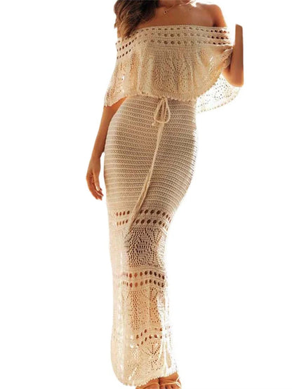 Women Summer Knitted  Short Sleeve Off Shoulder Hollow Out Tie Up Streetwear Female Vestidos  New