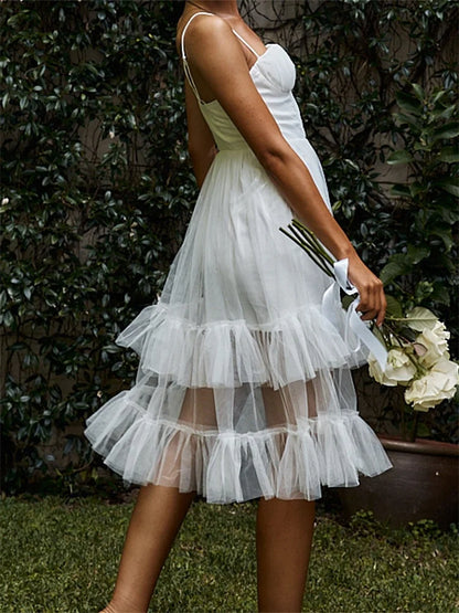 Women Summer  Solid Color Sleeveless Strap Summer Layered Tulle Ruffles Backless Party Vestidos