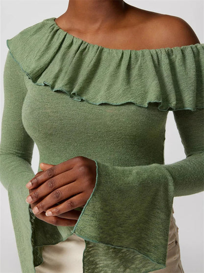 Off Shoulder Ruffles Solid Color Crop Tops T-Shirts