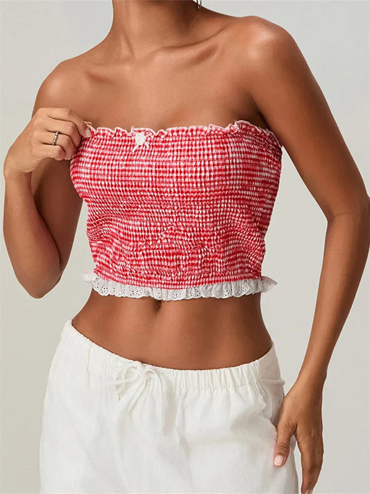 Tube Bow Lace Trim Ruched Plaid Crop Top