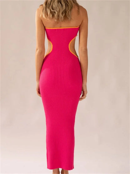 Women Waist Hollow Out Tube  Strapless Off Shoulder Contrast Color Ribbed Summer Party Clubwear