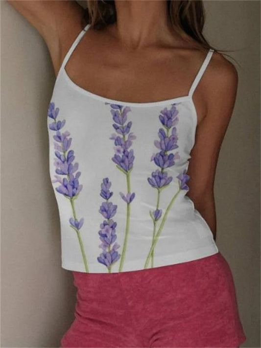 Y2K Flower Print Slim Strap Tank Crop Top