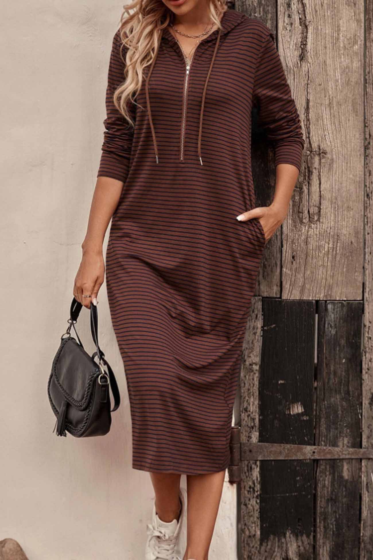 Long Sleeve Hooded Dress with Stripes