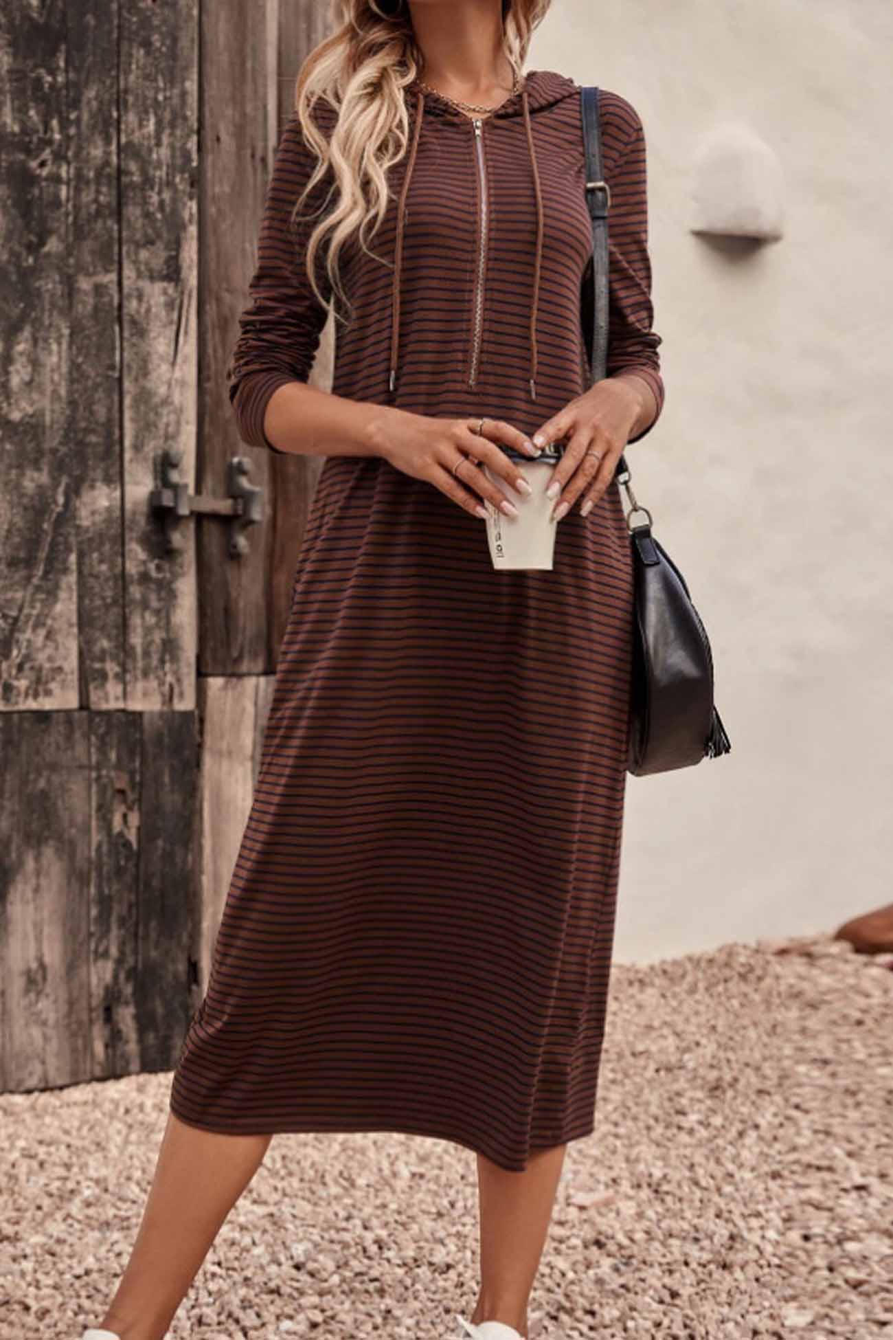 Long Sleeve Hooded Dress with Stripes