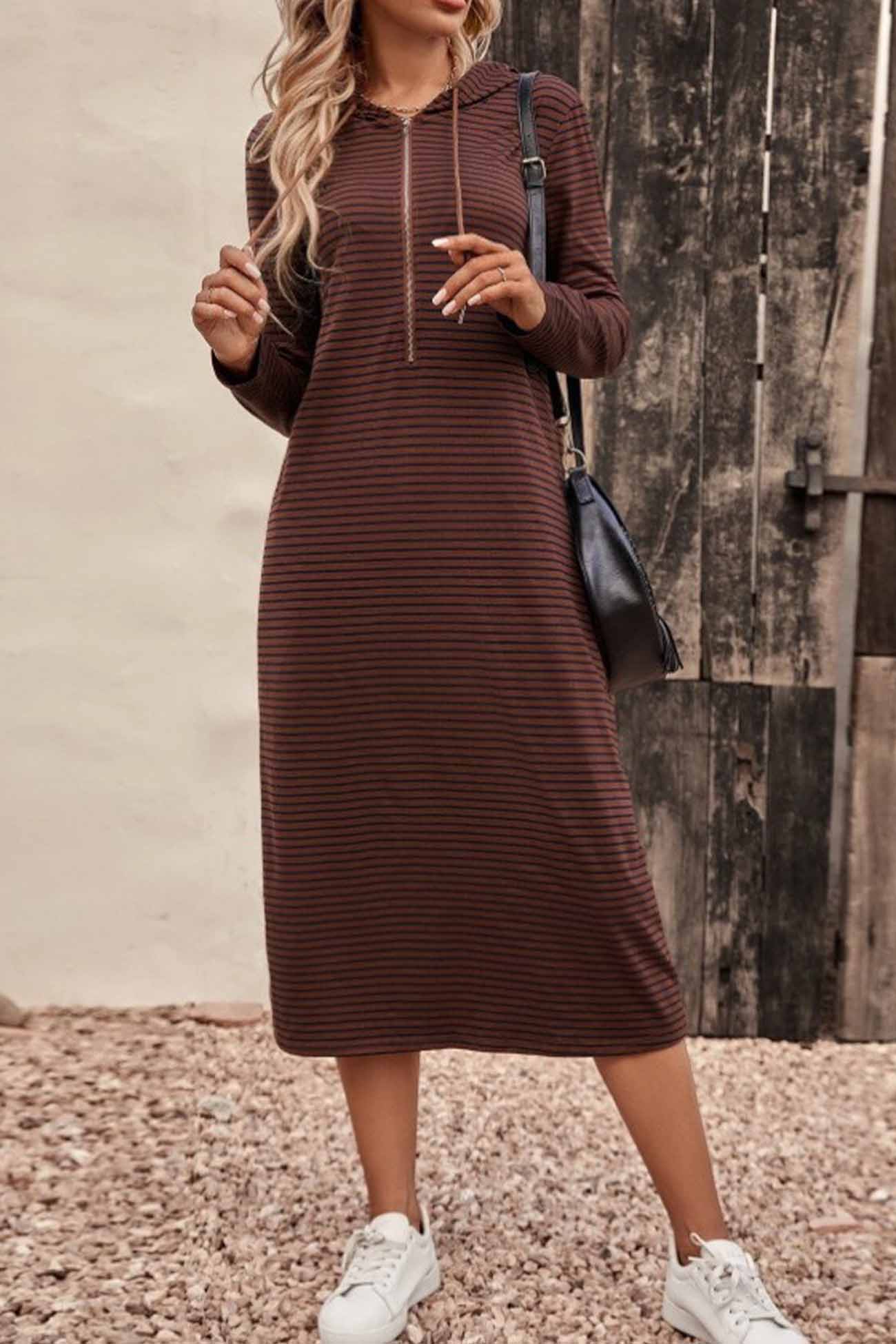 Long Sleeve Hooded Dress with Stripes