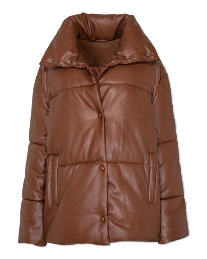 Brown Cade Pocketed Faux Leather Puffer Jacket