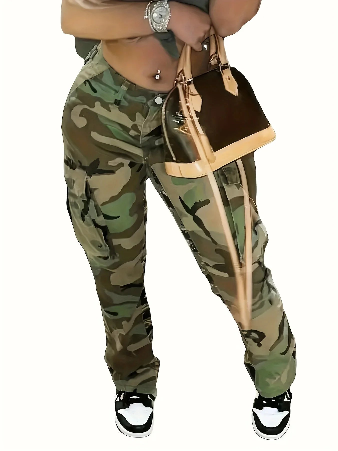 Camo Print Side Flap Pocket Cargo Loose Fit Stretchy Y2K Kpop Denim Women's Denim & Clothing Jean