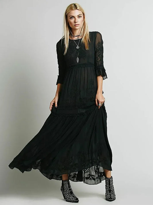 Button Down Hollow Embroidery High Waist Boho Dress