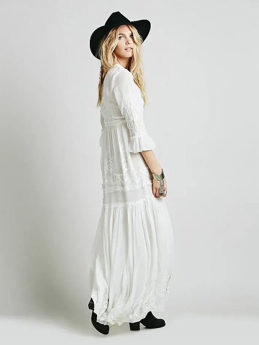 Button Down Hollow Embroidery High Waist Boho Dress