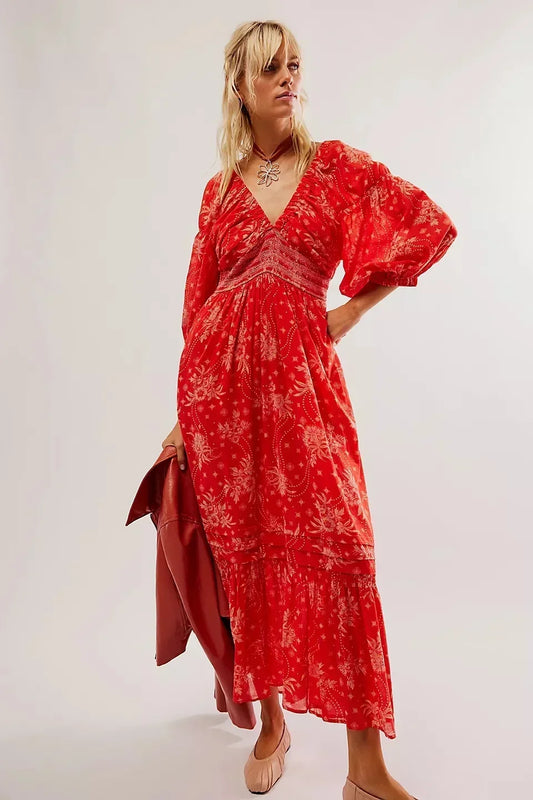 Chiffon Long Sleeve Holiday Floral Boho Dress