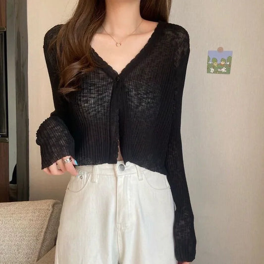 V-Neck Thin Sunscreen Korean Style Knit Summer Cardigan