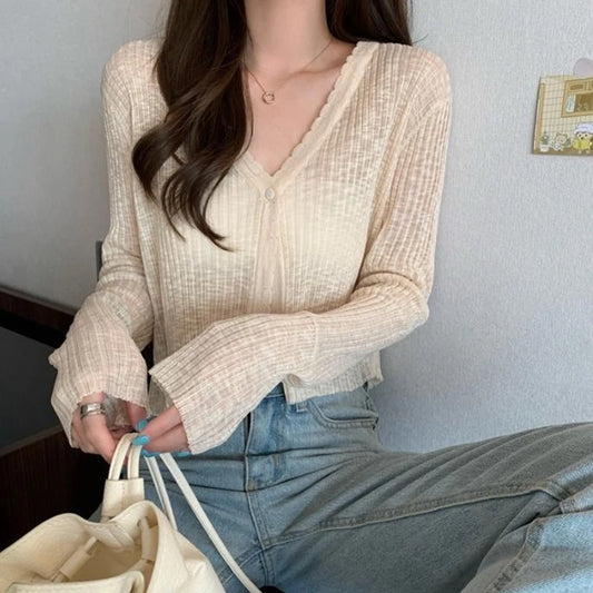 V-Neck Thin Sunscreen Korean Style Knit Summer Cardigan