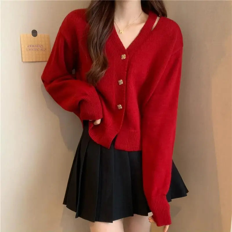 New V-Neck Button Red Knit Tops Stylish Knitwear Christmas Sweater