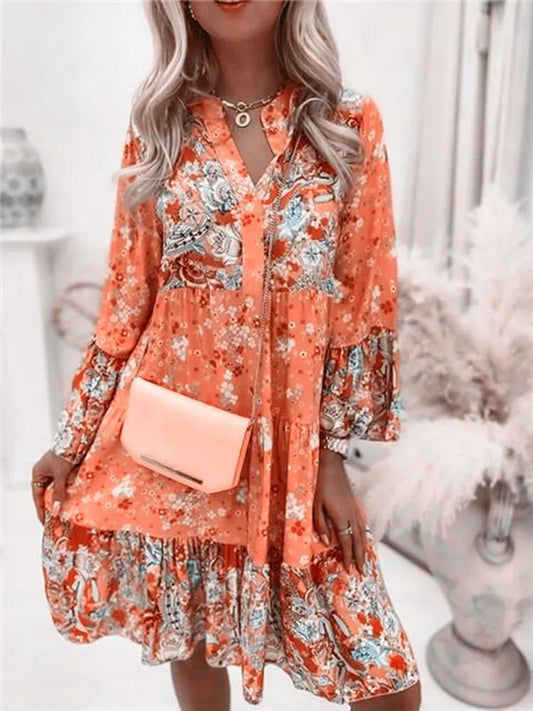 Casual Boho Floral V-neck Ruffled A-line Beach Party Floral Dress