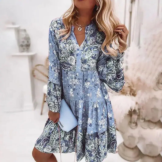 Casual Boho Floral V-neck Ruffled A-line Beach Party Floral Dress