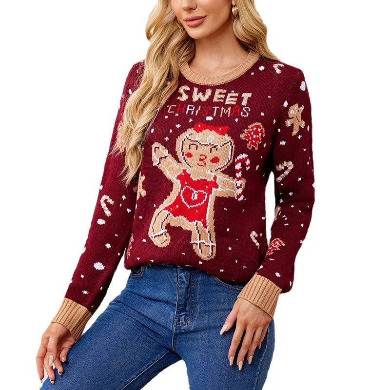 Cute Sweet Gingerbread Man Pattern Loose Fitting Casual Christmas Sweater