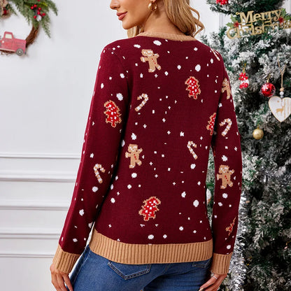 Cute Sweet Gingerbread Man Pattern Loose Fitting Casual Christmas Sweater