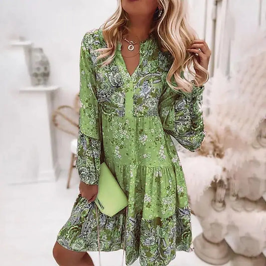 Boho Casual V-neck Loose A-line Floral Beach Party Dress