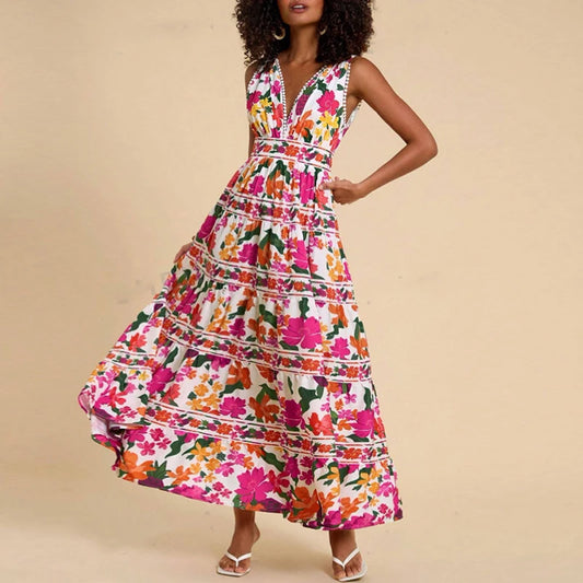 Floral Print High Waist Bohemian Beach Dress