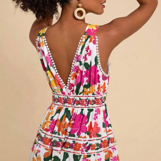 Floral Print High Waist Bohemian Beach Dress