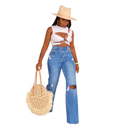 Casual High Waist Wide Leg Pants Loose Fashion Women's Street Ripped Plus Size Mom Denim Trousers 2024 Ladies Pants Jean