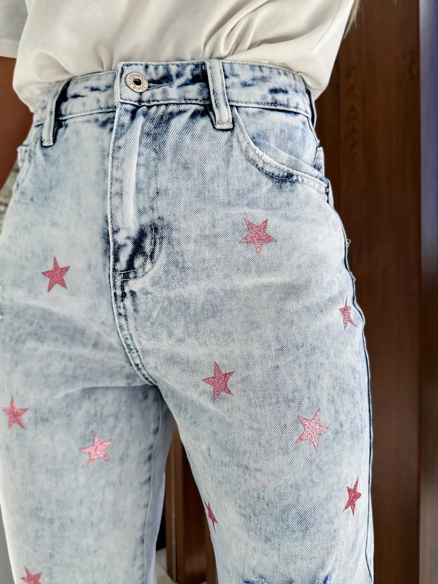 Casual Ripped Hole Women High Waist Fashion Denim 2024 Elegant Star Printed Streetwear Long Jean