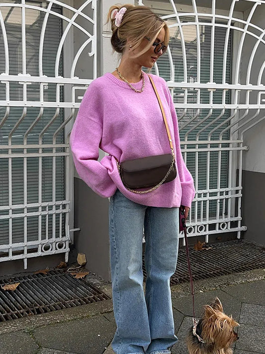 Rose Pink  O - neck  Lantern Sleeve Sweater