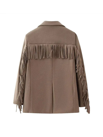 Casual Tassels Patchwork Long Sleeves Lapel Single Breasted Buckle Slim Stylish Coat