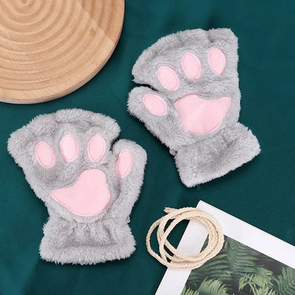 Cartoon Cat Girl Fluffy Bear Paw Winter Half Finger Christmas Gloves