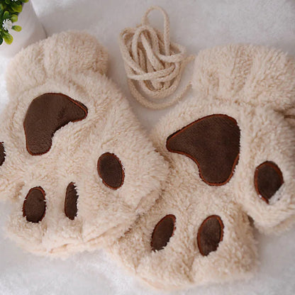 Cartoon Cat Girl Fluffy Bear Paw Winter Half Finger Christmas Gloves