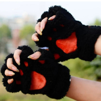 Cartoon Cat Girl Fluffy Bear Paw Winter Half Finger Christmas Gloves