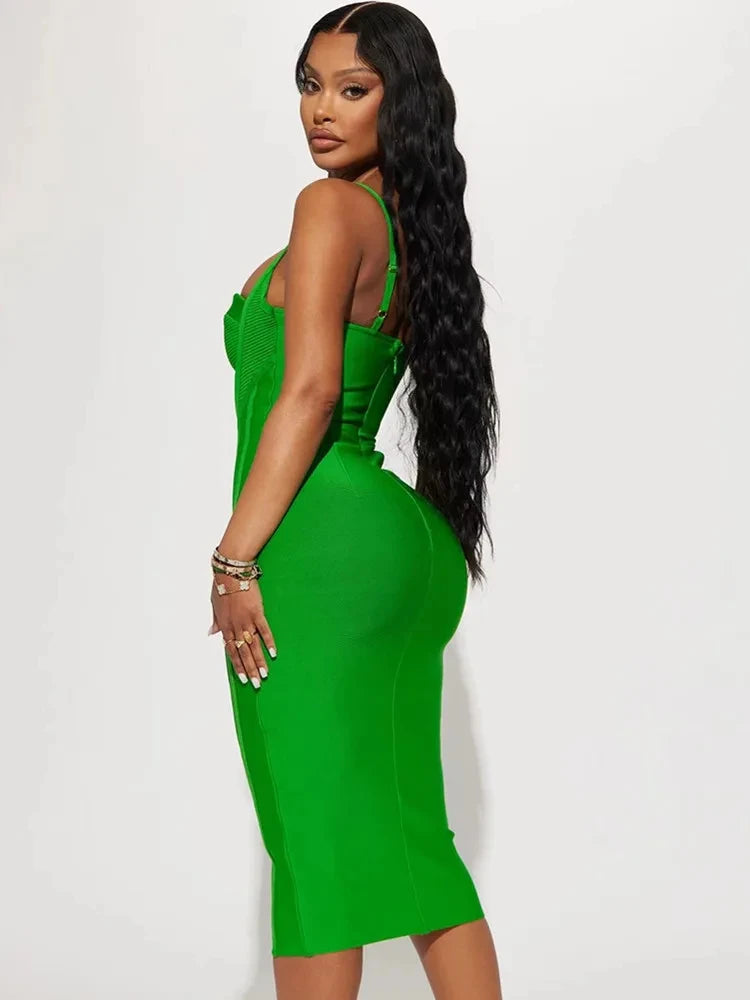 Summer Sexy Sleeveless Backless Green Midi Bodycon Bandage Elegant Christmas Party Dress