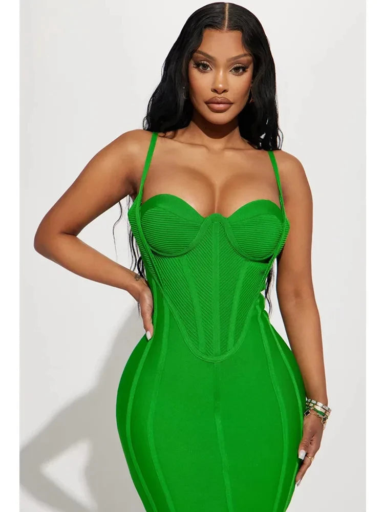 Summer Sexy Sleeveless Backless Green Midi Bodycon Bandage Elegant Christmas Party Dress