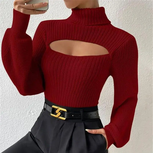 Chest Hollowed-out Turtleneck Sexy Sweater