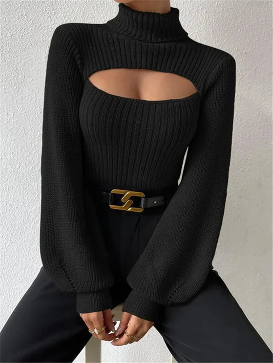 Chest Hollowed-out Turtleneck Sexy Sweater