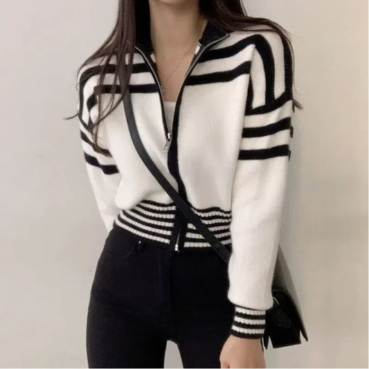 Striped Zipper Stand-Up Collar Cardigan