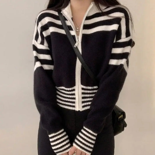 Striped Zipper Stand-Up Collar Cardigan