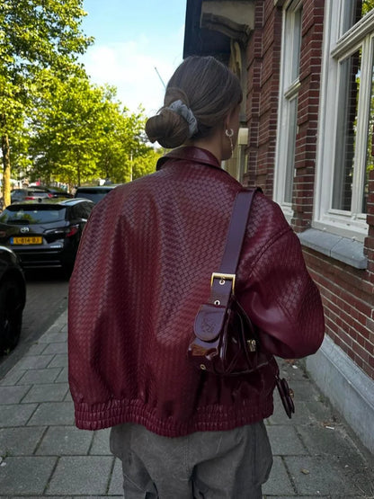 Burgundy Zipper Leather Bomber Coat