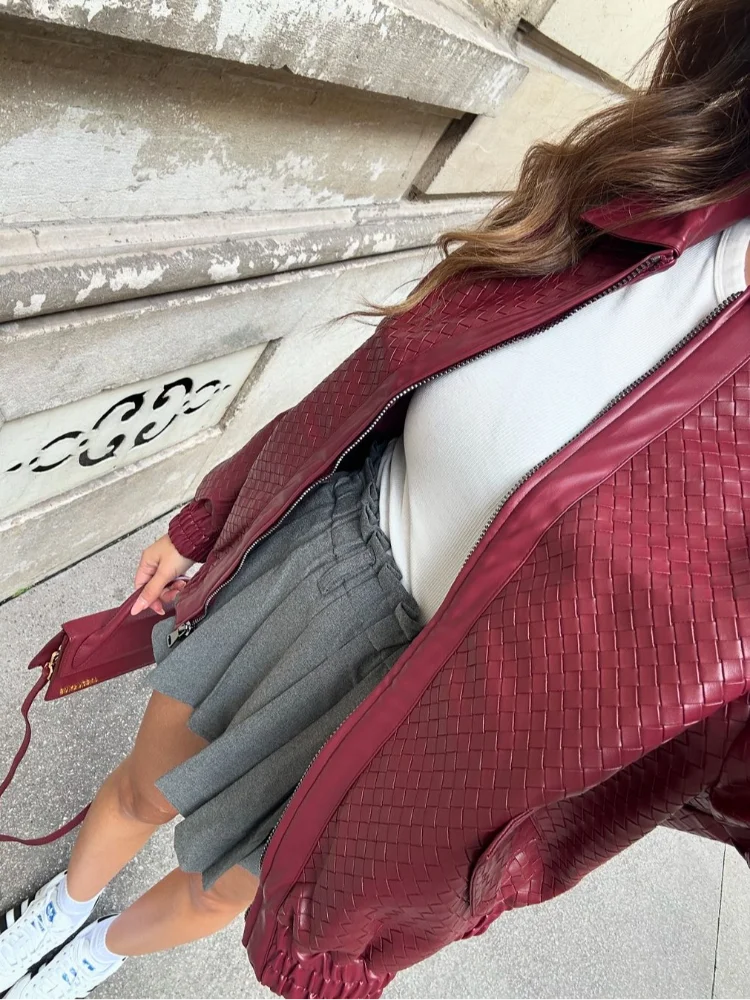 Burgundy Zipper Leather Bomber Coat