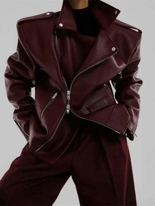 Burgundy Zipper Stand Collar Leather Coat