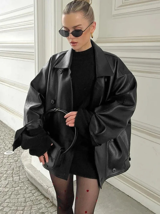 Double Breasted Black Lapel Leather Coat