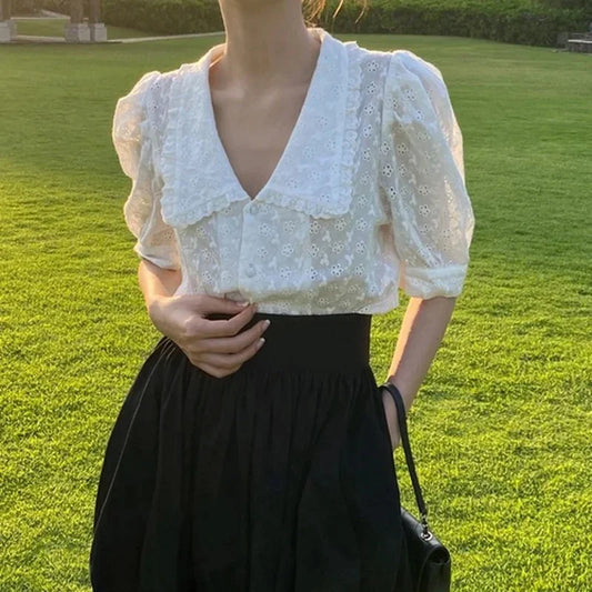 Chic Hollow Lace Puff Sleeve Peter Pan Collar Blouse WHITE / S blouse-250126