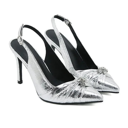 Pointed Toe Pleated Leather Sandals with Rhinestone Decorative Buckle - Slingback Thin High Heels